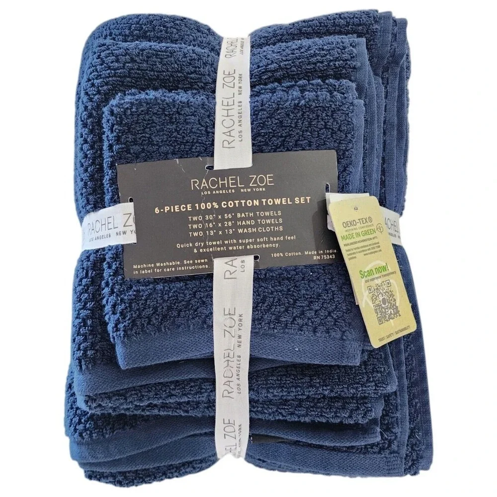 Rachel Zoe 6pc Navy Blue Cotton Towel Set 2 Bath‎ 2 Hand 2 Washcloths Quick Dry